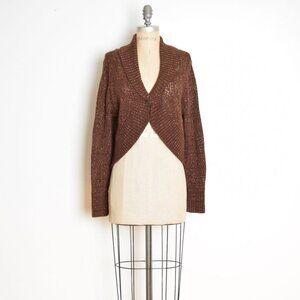 vintage Y2K sweater brown crochet cropped sparkly metallic shrug cardigan top L